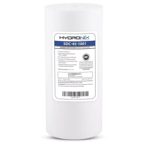 Cartucho de sedimento Hydronix 4.5 x 10, 1 micrón, elimina partículas para agua limpia y segura. Compatible con sistemas estándar y fácil de instalar.