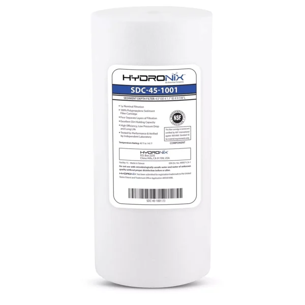 Cartucho de sedimento Hydronix 4.5 x 10, 1 micrón, elimina partículas para agua limpia y segura. Compatible con sistemas estándar y fácil de instalar.